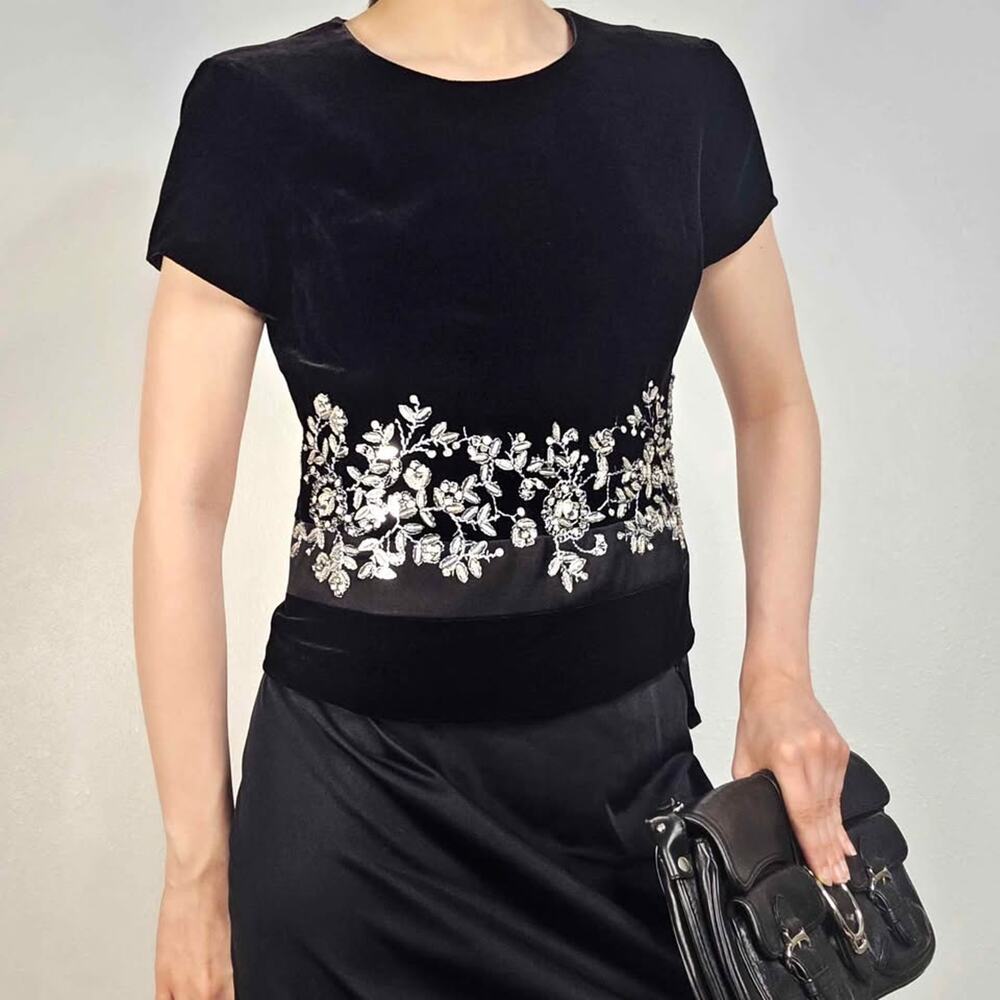 Black Velvet Beaded Top Size 2 P Silver Floral Blouse Silk Blend Old Hollywood